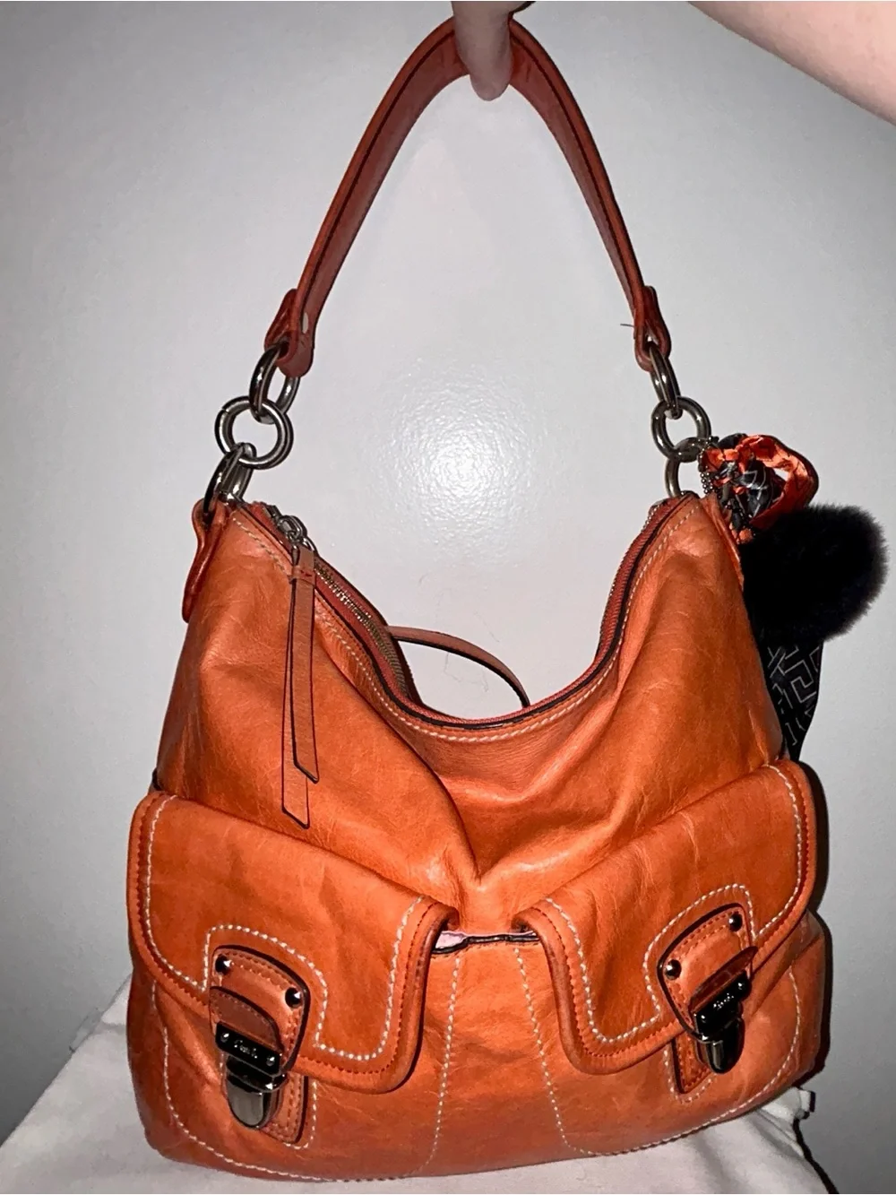 Coach Poppy Tangerine Waxed Leather Distressed Swing Messenger Hobo Purse - Picture 2 of 12
